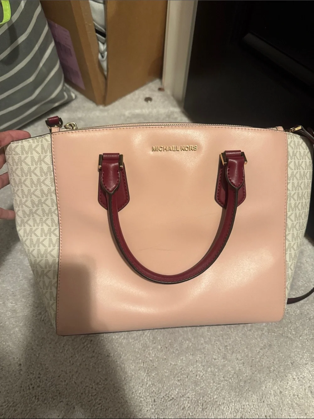 Michael Kors Pink and Burgundy Leather Satchel with Cream Logo Panels